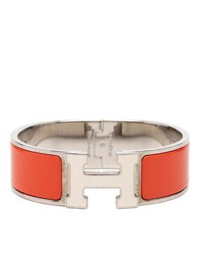 Hermes Clic Clac PM Logo Bangle Orange White Silver Metal Bracelet